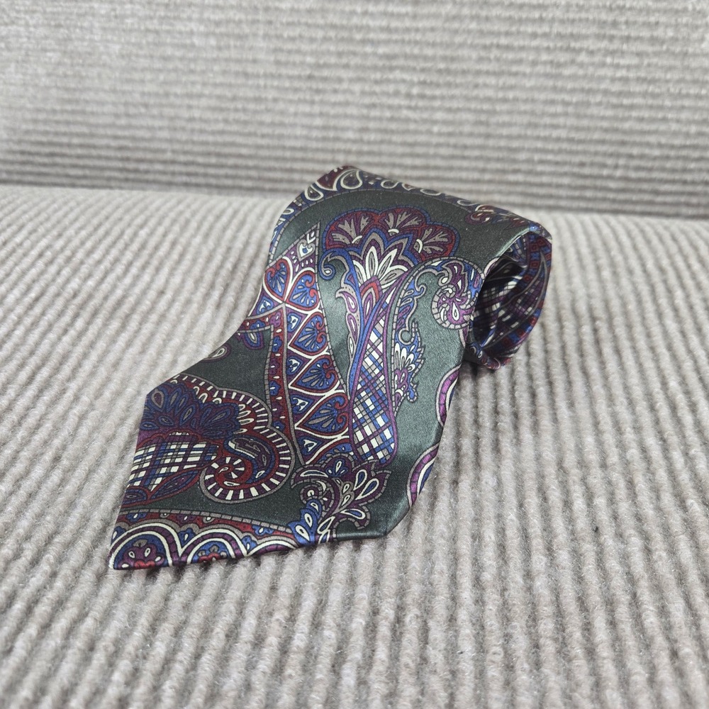 Halston III Mens Green Burgundy Blue Paisley Silk Blend Classic Necktie